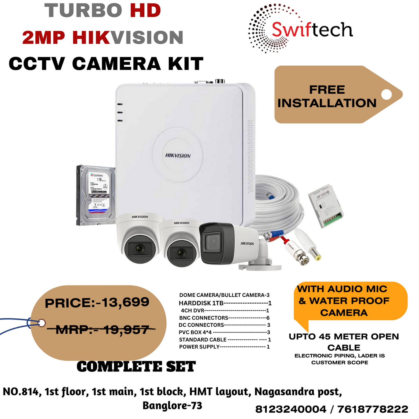 Hikvision 3camera 2mp CCTV camera kit FREE installation
