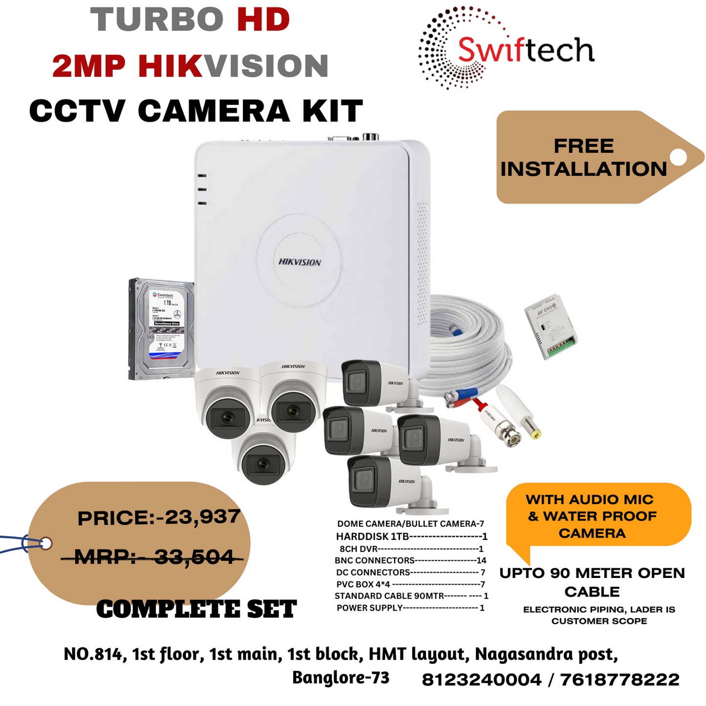 HIKVISION 7camera 2mp CCTV camera kit free installation