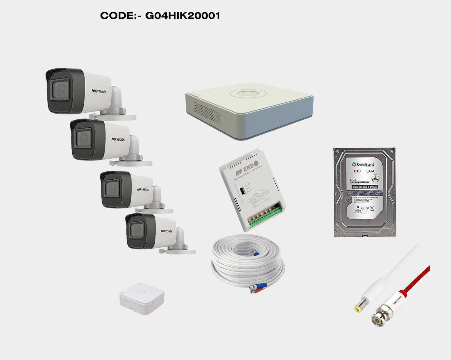 HIKVISION 2MP CCTV CAMERA KIT 4 CHANNEL DVR 4 BULLET CAMERAS WITH AUDIO MIC FULL COMBO KIT CODE:- G04HIK20001
