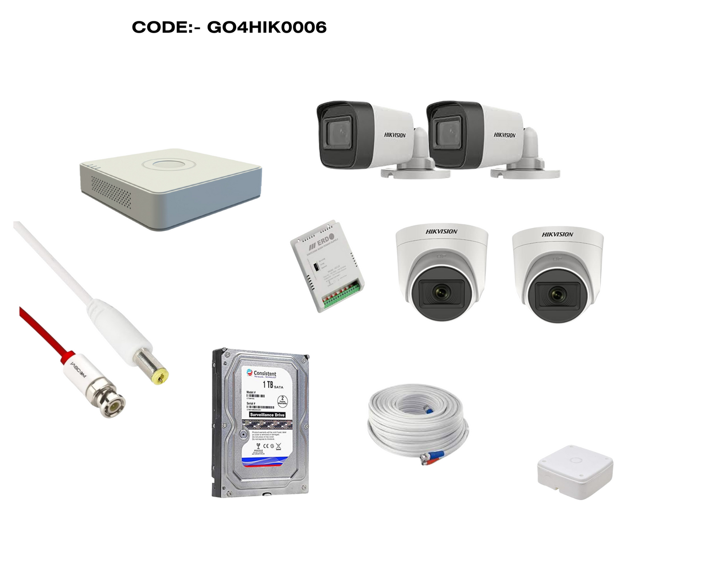 HIKVISION 5MP CCTV CAMERA KIT 4 CHANNEL DVR 2 DOME 2 BULLET CAMERAS WITH AUDIO MIC FULL COMBO KIT CODE:- G04HIK0006