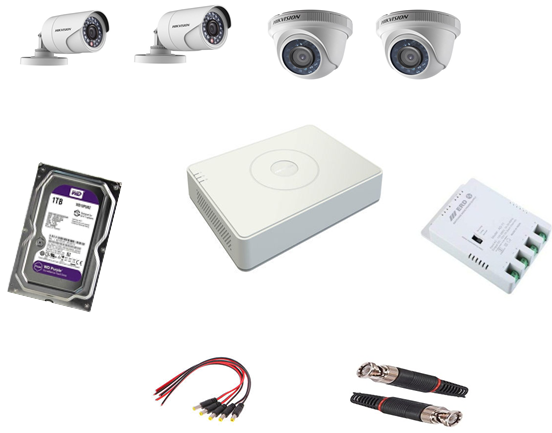 Hikvision 2MP 4 Camera Kit,2 No Bullet Camera DS-2CE1AD0T-IRP/ECO & 2 No Dome Camera DS-2CE5AD0T-IRP/ECO , 4 channel DVR DS-7104HGHI-K1/ECO