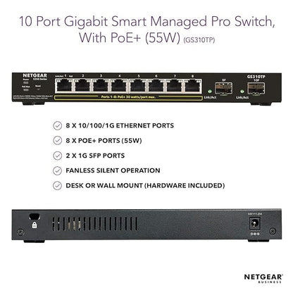 NETGEAR 10-Port Gigabit Ethernet Smart Managed Pro PoE Switch (GS310TP) - with 8 x PoE+ @ 55W, 2 x 1G SFP, Desktop, Fanless Housing for Quiet Operation, S350 Series
