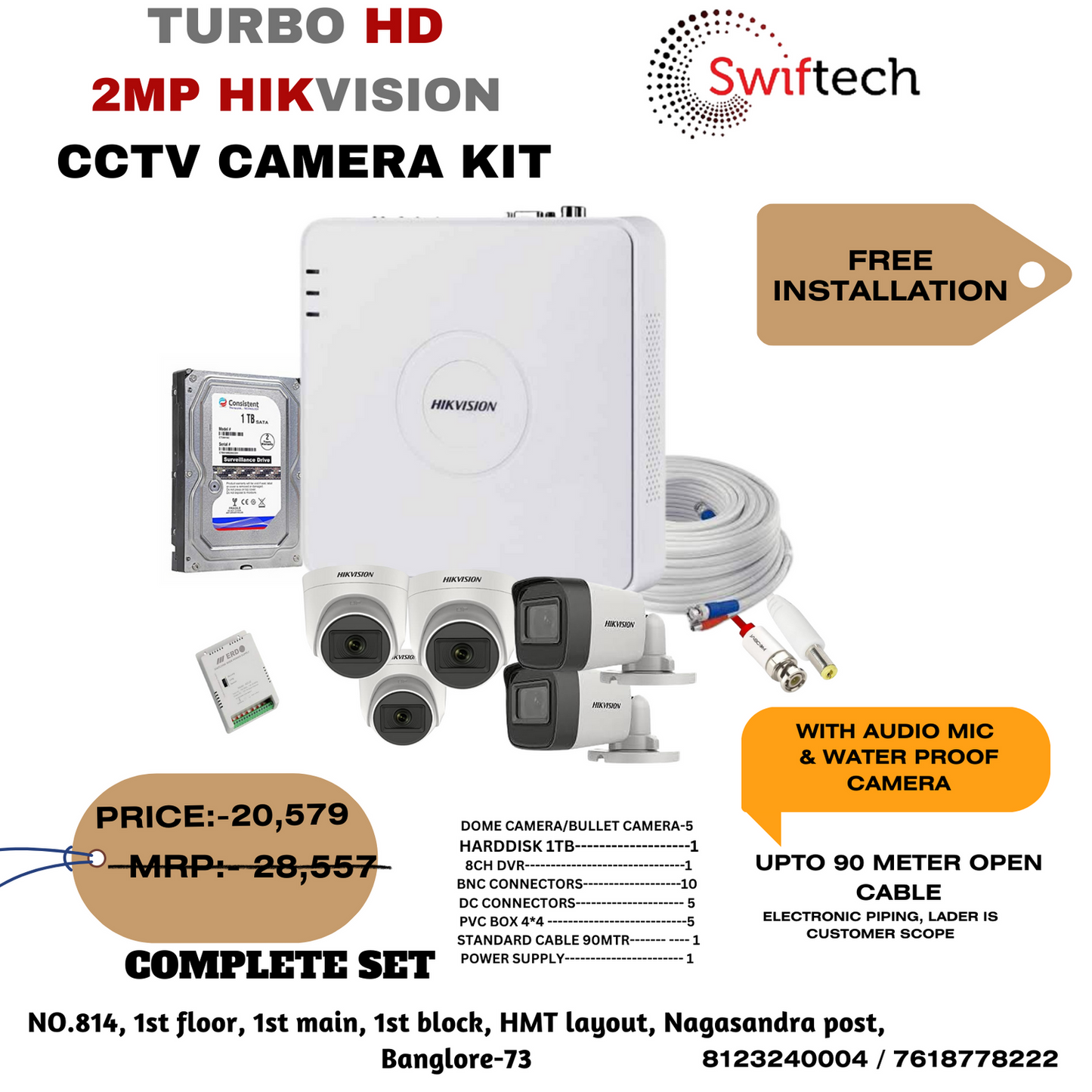 HIKVISION 5 camera 2mp CCTV camera kit FREE installation