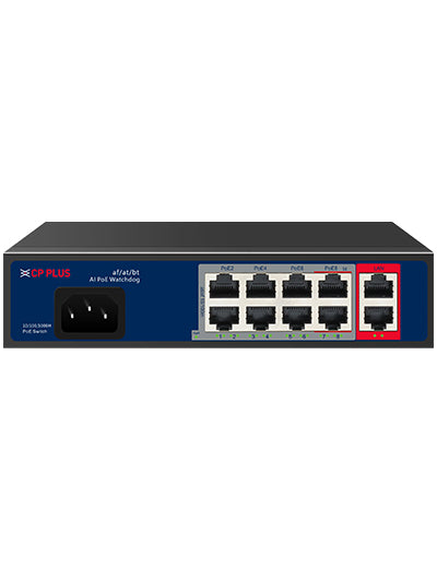 CP PLUS 8x Fast Ethernet PoE with 2x Gigabit Uplink, Unmanaged | CP-ANW-HPU8G2-N12