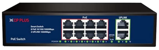 CP Plus 10 Ports Switch with 8 Gigabit PoE Ports (1000 Mbps) & 2 Gigabit Uplink Ports (1000 Mbps) | Max. 30W Output of Single PoE Port | Full/Half Duplex Mode | Plug & Play - CP-DNW-GPU8G2-96-V4