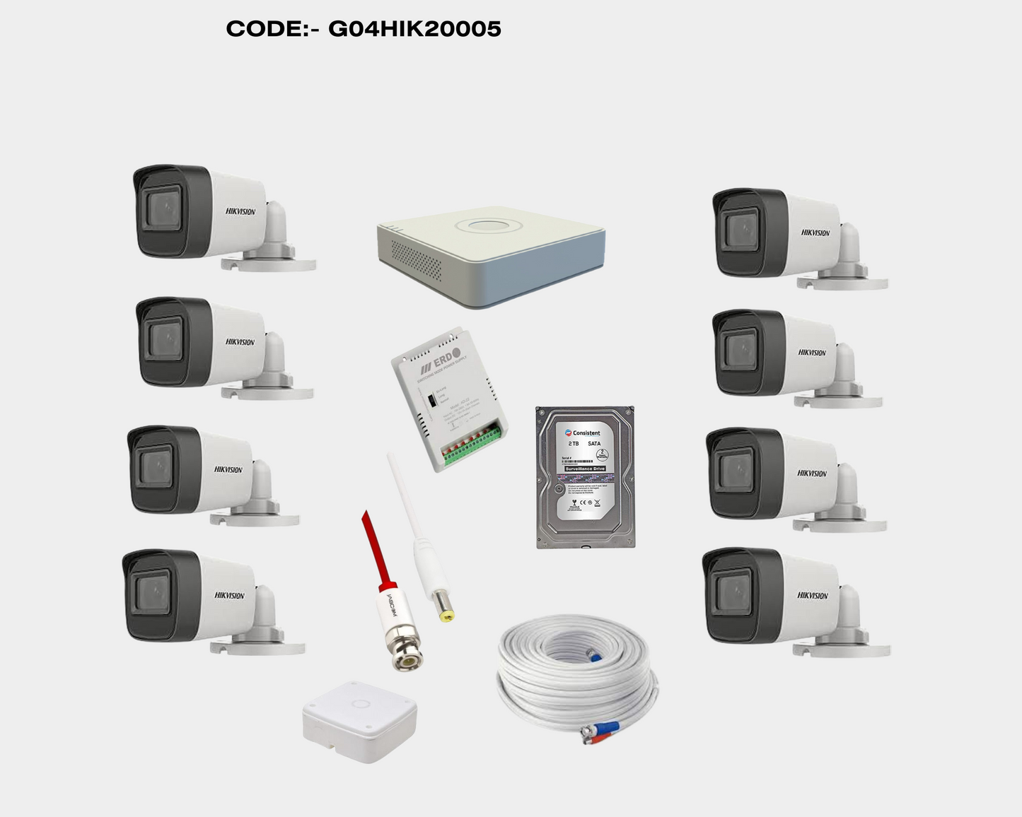 HIKVISION 2MP CCTV CAMERA KIT 8 CHANNEL DVR 8 BULLET CAMERAS WITH AUDIO MIC FULL COMBO KIT CODE:- G08HIK20005