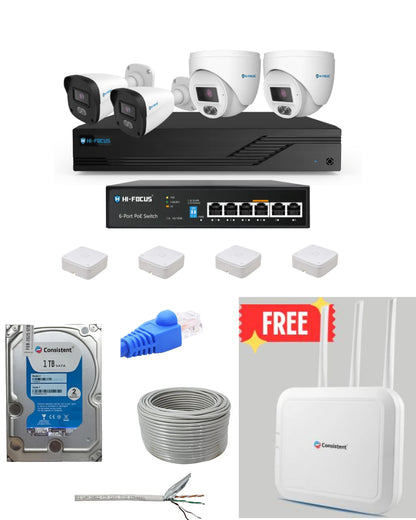 HIFOCUS 3MP IP CCTV Camera Kit | 2 Dome & 2 Bullet, 4CH NVR, 1TB HDD | Free Router