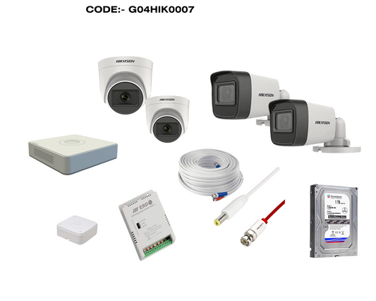 HIKVISION 5MP CCTV CAMERA KIT 4 CHANNEL DVR 2 DOME 2 BULLET CAMERAS WITH AUDIO MIC FULL COMBO KIT CODE:- G04HIK0007
