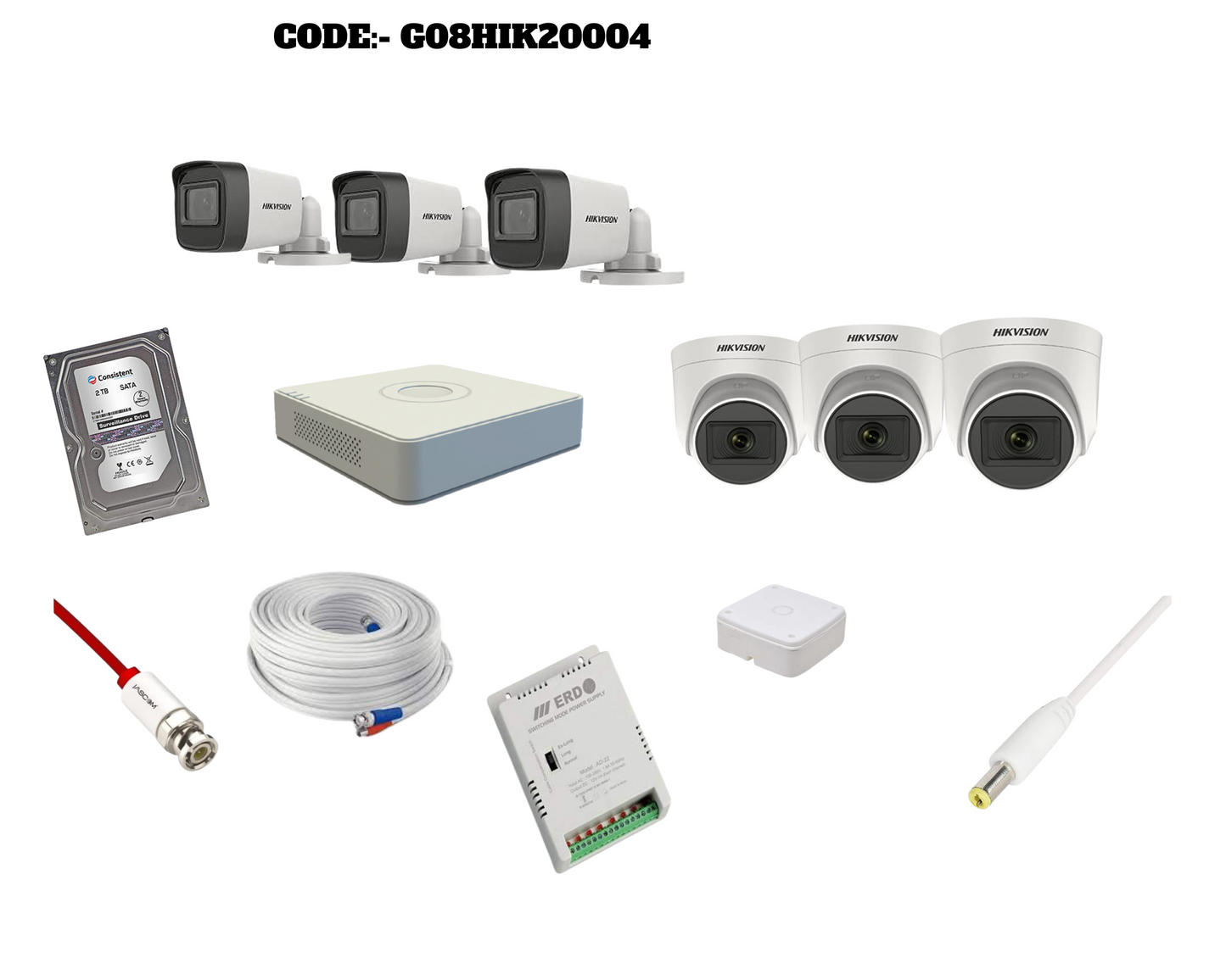 HIKVISION 2MP CCTV CAMERA KIT 8 CHANNEL DVR 3 DOME 3 BULLET CAMERAS WITH AUDIO MIC FULL COMBO KIT CODE:- G04HIK20004