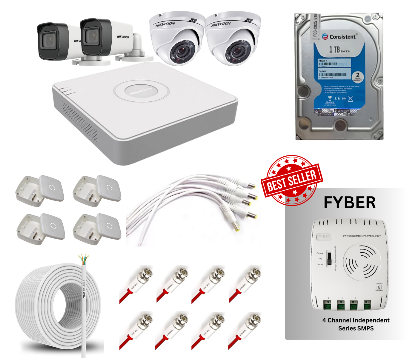 HIKVISION 2MP Analog Camera Kit (2 Dome & 2 Bullet), 4CH DVR, 1TB HDD | Free SMPS
