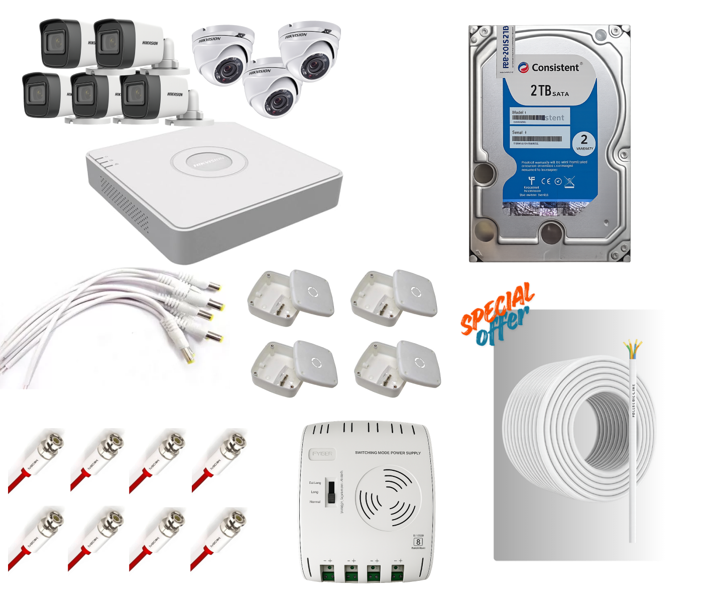 HIKVISION 2MP Camera Kit | 3 Dome & 5 Bullet, 8CH DVR, 2TB HDD | Free90 Meter 3+1 CCTV Cable Coil