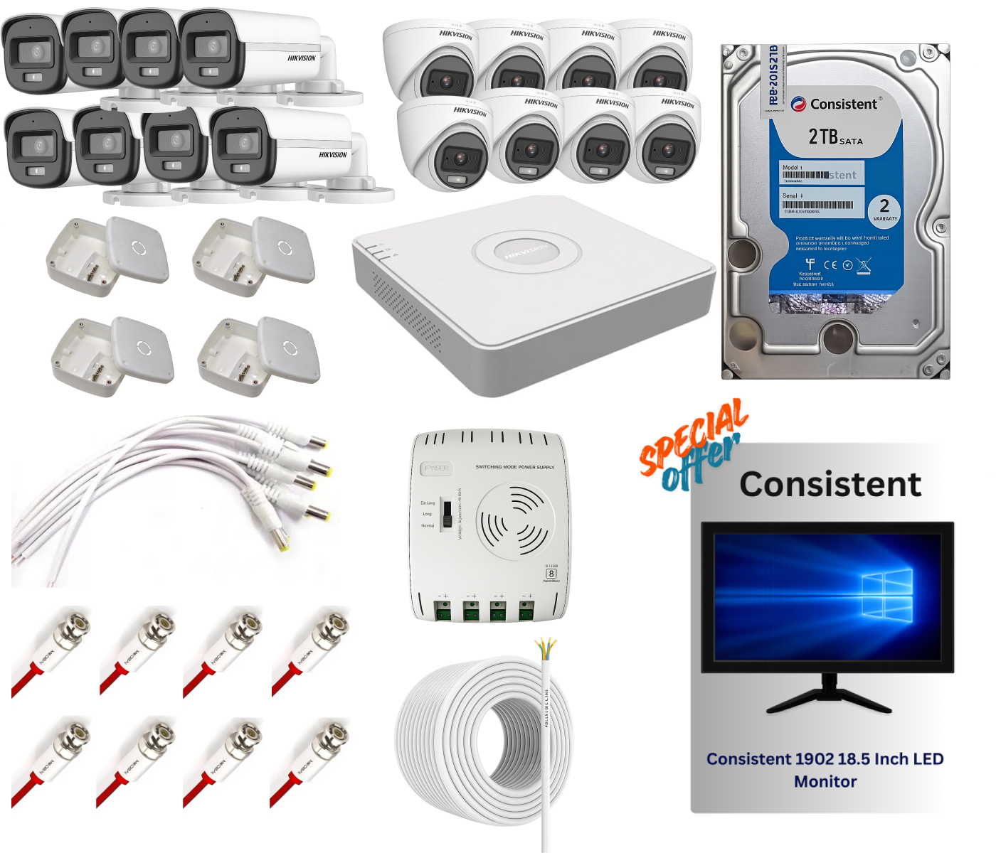 Hikvision 2MP CCTV Camera Kit (8 Dome + 8 Bullet), 16CH DVR, 2TB HDD | Free Consistent 18.5 Inch LED Monitor