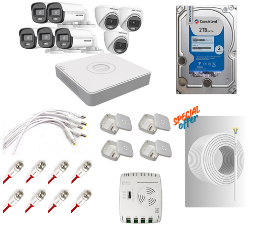 Hikvision 2MP CCTV Camera Kit with Audio & ColorVu – 8 Cameras (3 Dome + 5 Bullet), 8CH DVR, 2TB HDD, Free 90m 3+1 Cable