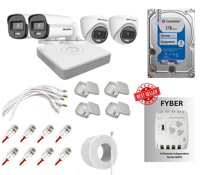 Hikvision 2MP CCTV Camera Kit with Audio & ColorVu | 2 Dome + 2 Bullet Cameras, 4CH DVR, 1TB HDD | Free SMPS
