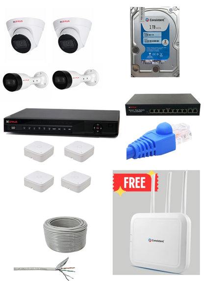 CP PLUS CCTV 2MP IP Camera Kit | 2 Dome + 2 Bullet IP Cameras, 4CH NVR with 8+2 PoE Ports, 1TB Consistent HDD | Free Router