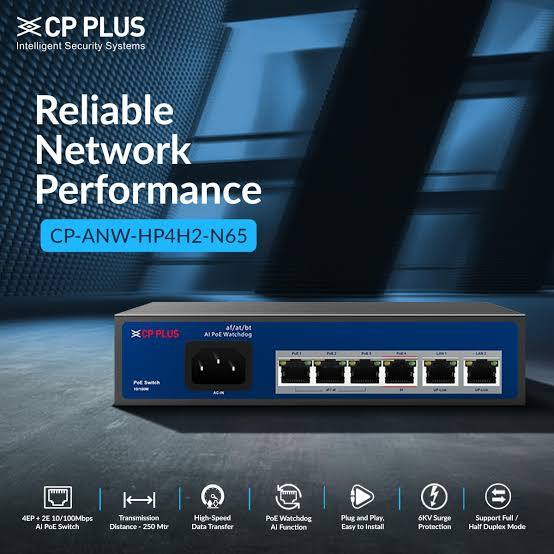 CP PLUS 6-Port Fast Ethernet AI PoE Switch (4 PoE + 2 Uplink, 65W, Watchdog) | CP-ANW-HP4H2-N65