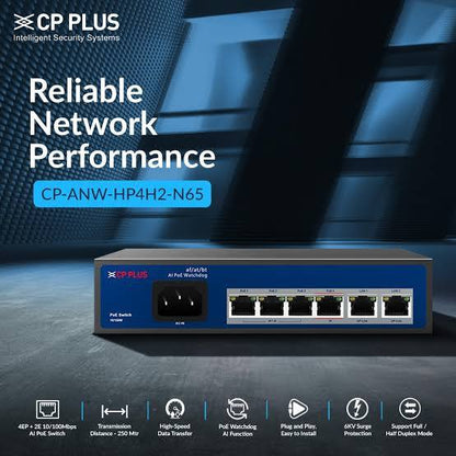CP PLUS 6-Port Fast Ethernet AI PoE Switch (4 PoE + 2 Uplink, 65W, Watchdog) | CP-ANW-HP4H2-N65