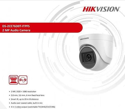 Hikvision DS-2CE76D0T-ITPFS – 2MP HD Indoor Turret CCTV Camera with Built-in Microphone