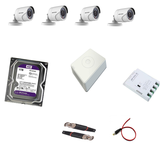 Hikvision 2MP 4 Camera Combo Kit,4 No Bullet Camera DS-2CE1AD0T-IRP/ECO & 4 channel DVR DS-7104HGHI-K1/ECO